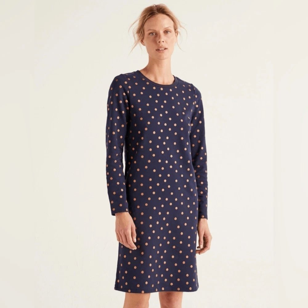 Boden Navy Blue Rose Gold Foil Polka Dot Long Sleeve Cotton Shift Dress US 12R